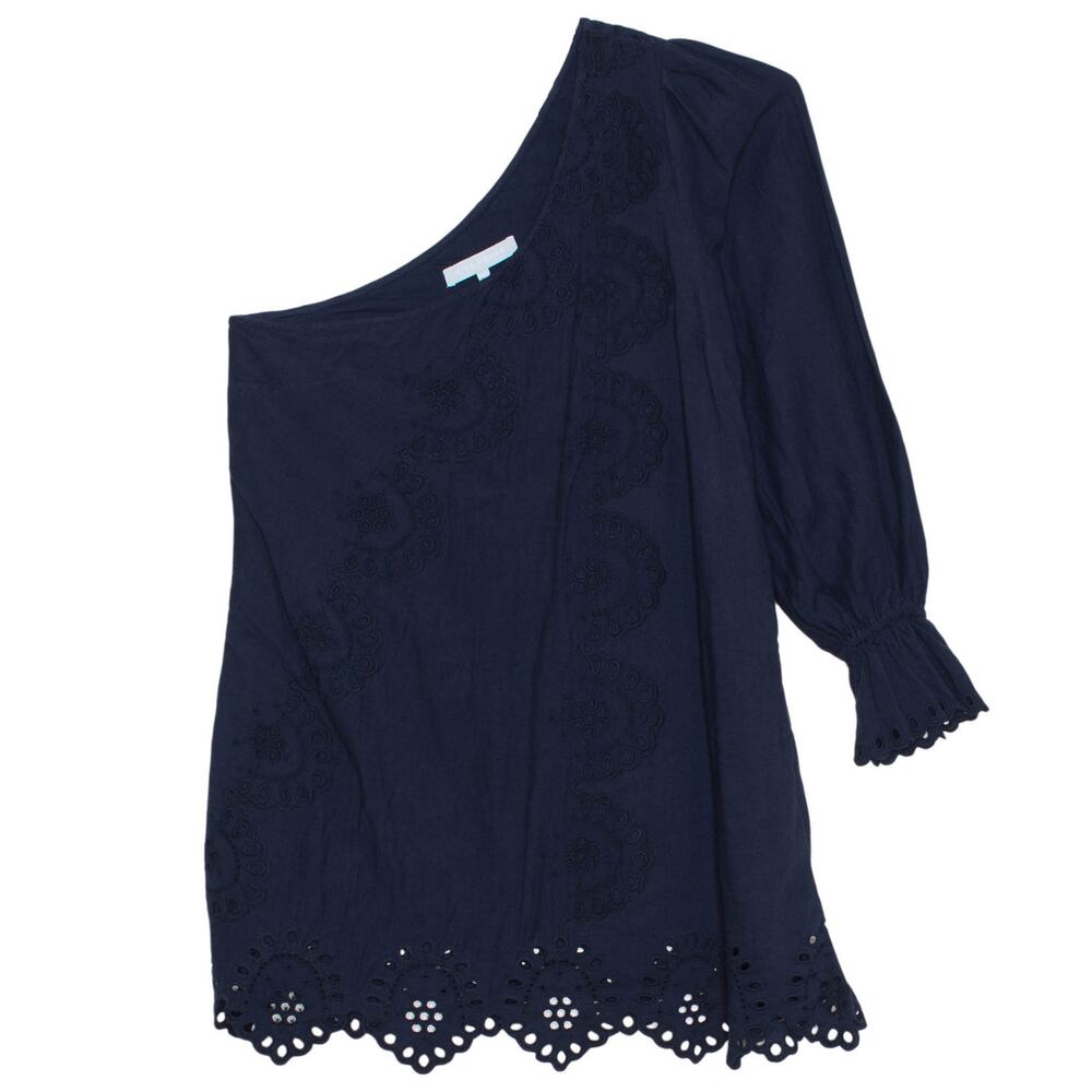 Hill House One Shoulder Dress Eyelet Linen Blend Embroidered Romantic Navy L